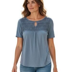 OLD NAVY Women’s SMALL Petite Linen Blend Top Slate Blue Crochet Keyhole Blouse